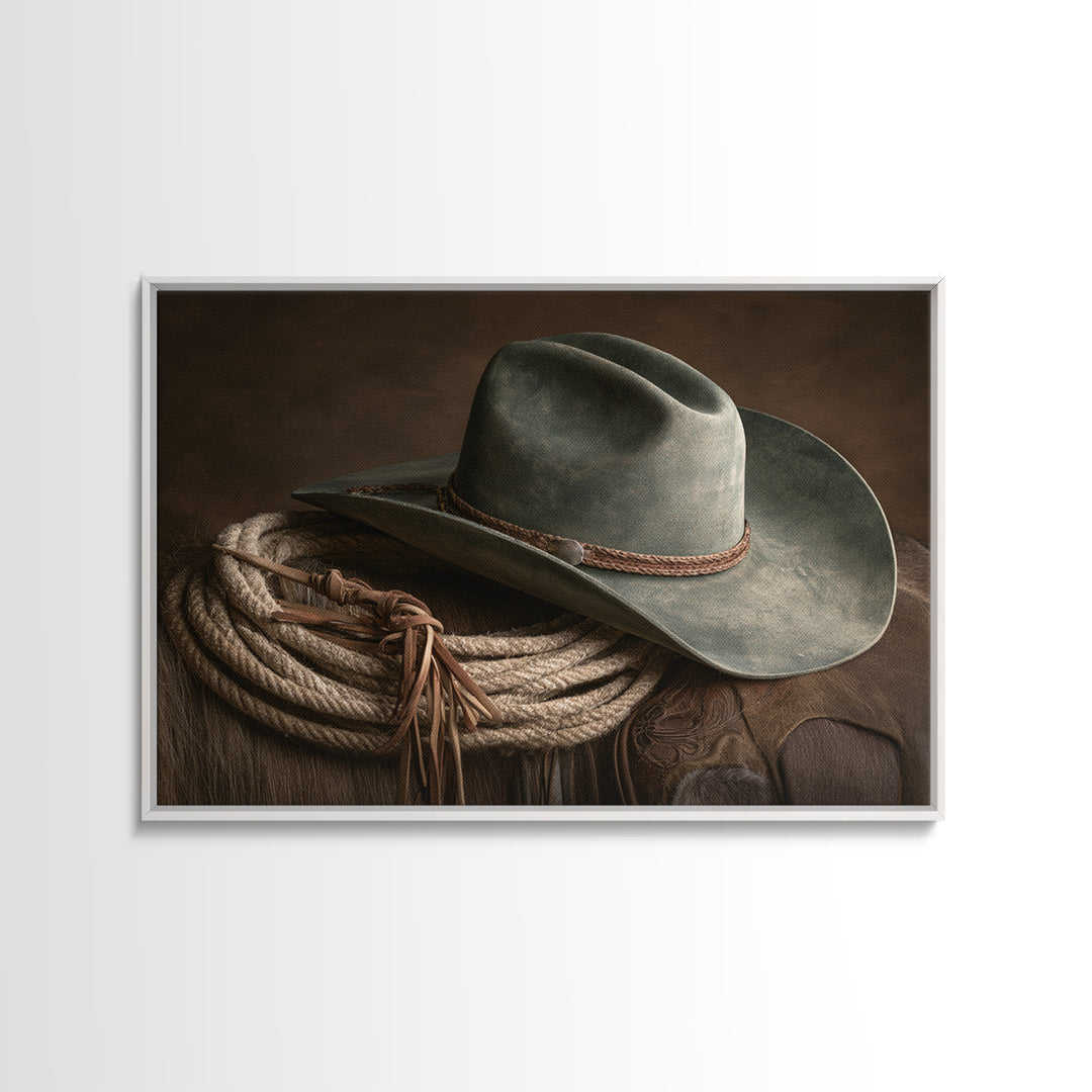 Cowgirl Hat and Reins Still Life Framed Canvas Print, Equestrian Art, Fine Art Print, Living Room Decor, Fine Art, Equestrian, EQU-3x2-87