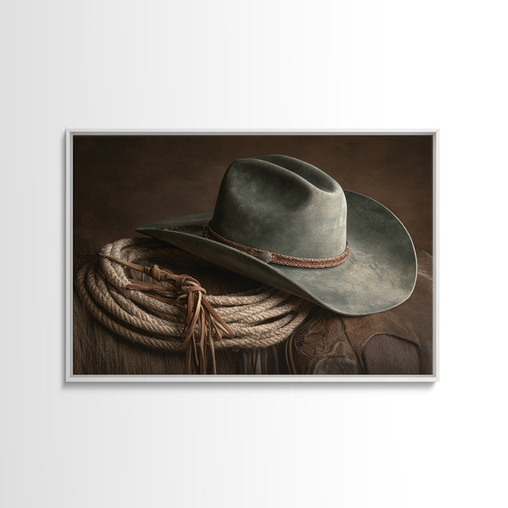 Cowgirl Hat and Reins Still Life Framed Canvas Print, Equestrian Art, Fine Art Print, Living Room Decor, Fine Art, Equestrian, EQU-3x2-87