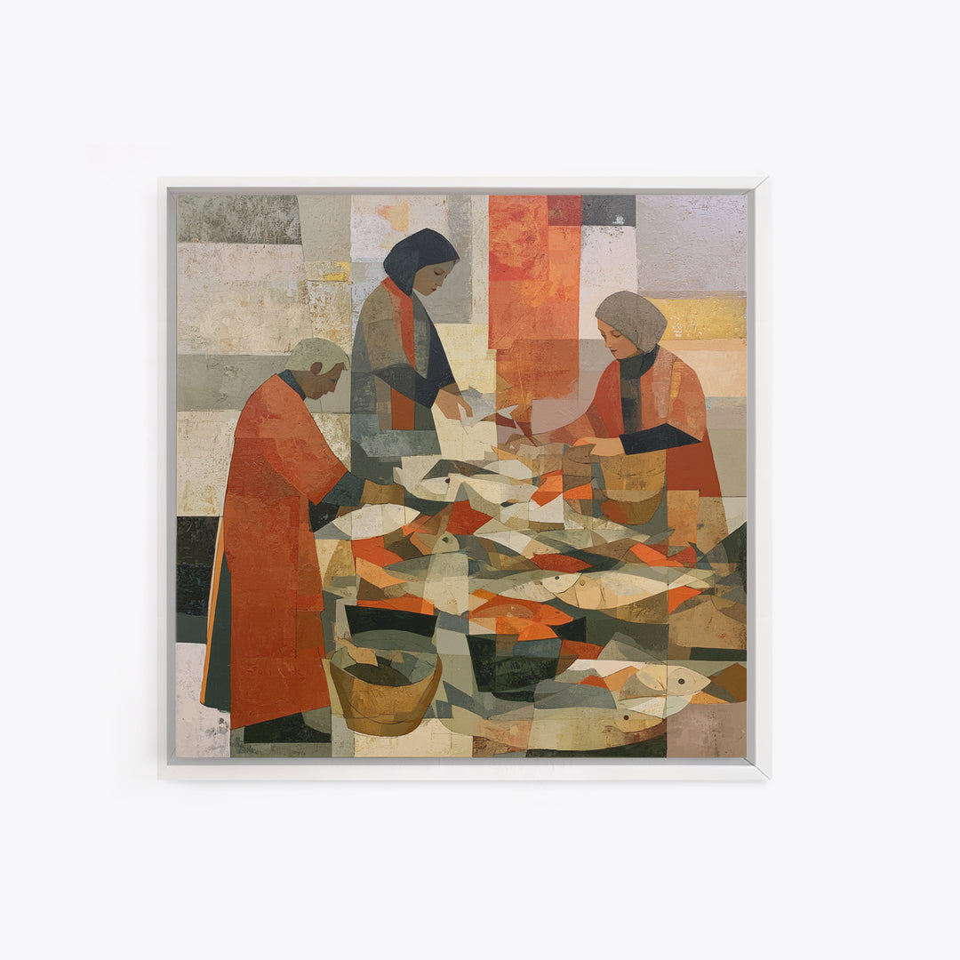 Fish Market Scene Framed Canvas Print, Expressionist Art, Minimalist Wall Art, Living Room Decor, Fine Art, Expression, EXP-1x1-46