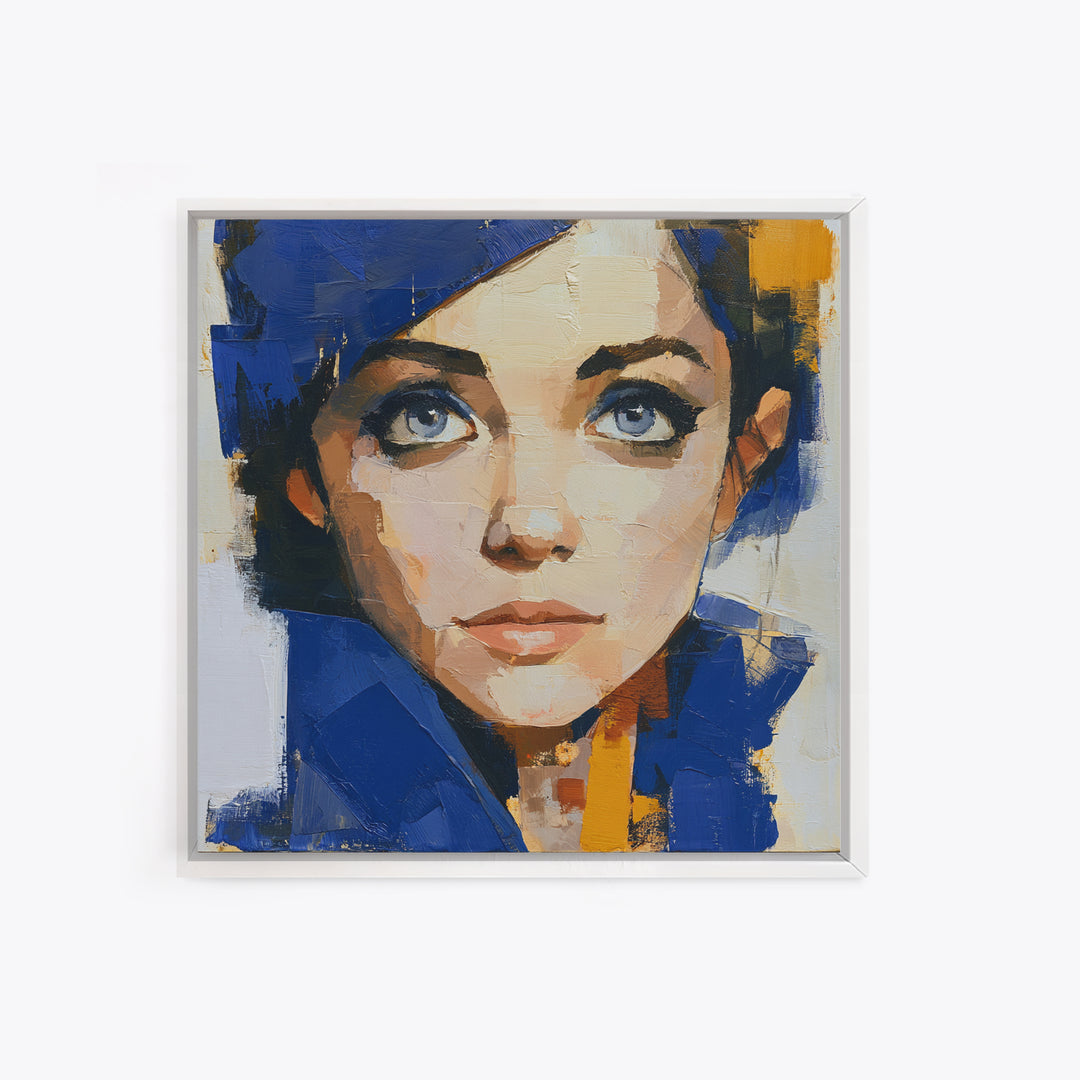 Woman in Blue with Dramatic Expressive Eyes Canvas Print, Expressionist Art, Minimalist Decor, Living Room Decor, Expression, EXP-1x1-88