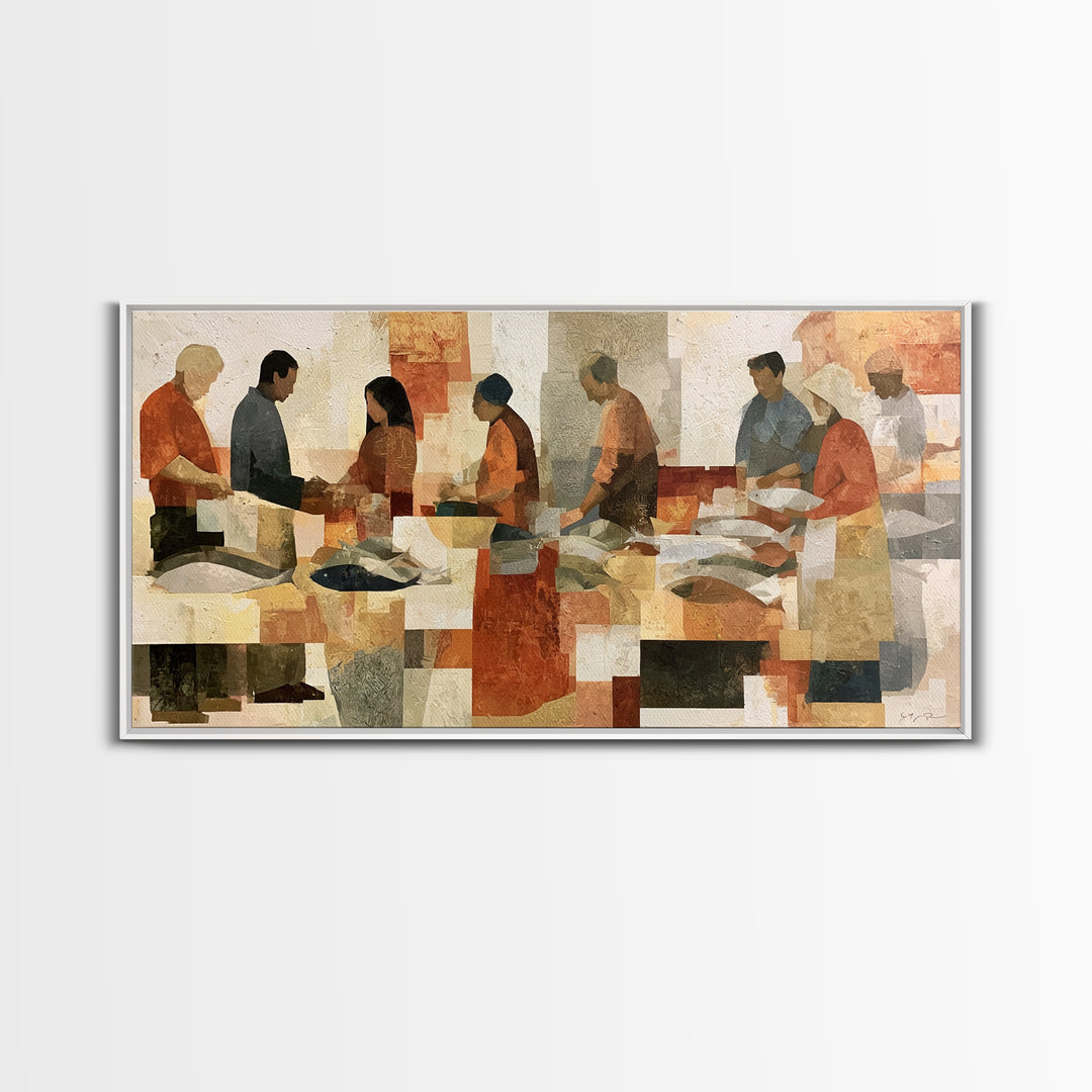Fish Market Scene Framed Canvas Print, Expressionist Art, Room Decor, Living Room Decor, Abstract Art, Expression, EXP-2x1-18
