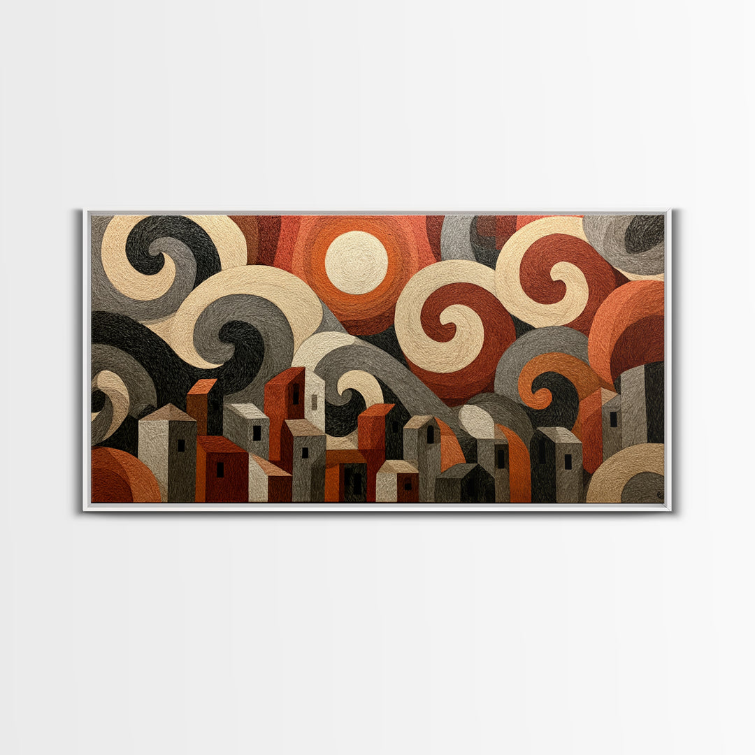 Moonlit Village with Swirling Unnatural Color Framed Canvas Print, Expressionist Art, Art Print, Living Room Decor, Expression, EXP-2x1-56