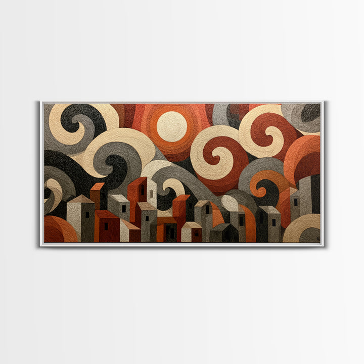 Moonlit Village with Swirling Unnatural Color Framed Canvas Print, Expressionist Art, Art Print, Living Room Decor, Expression, EXP-2x1-56