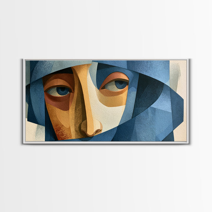 Woman in Blue with Dramatic Expressive Eyes Framed Canvas Print, Expressionist Art, Digital Art, Living Room Decor, Expression, EXP-2x1-60