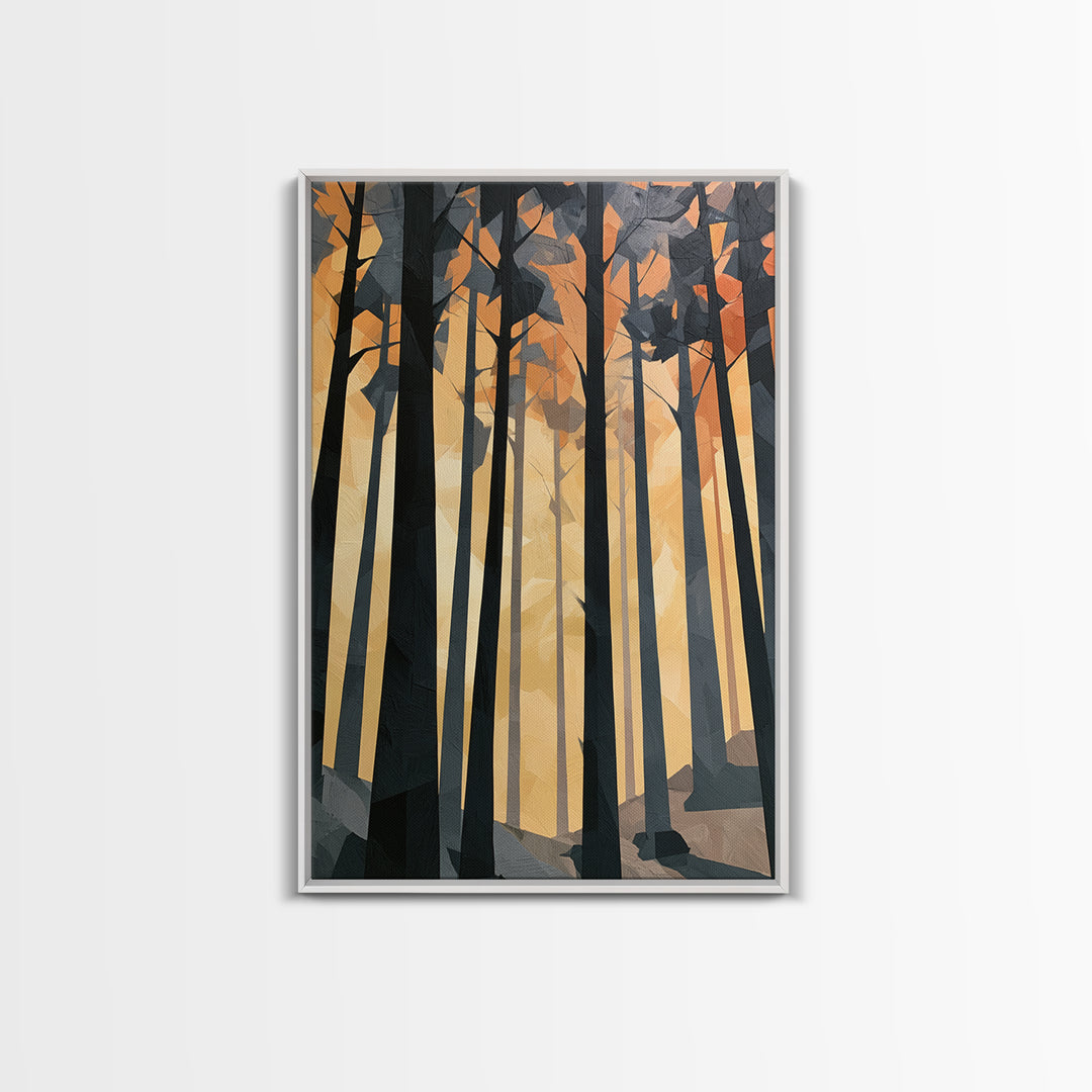 Dark Forest with Angular Trees and Yellow Canvas Print, Expressionist Art, Living Room Decor, Expression, Moody Wall Art, EXP-2x3-38