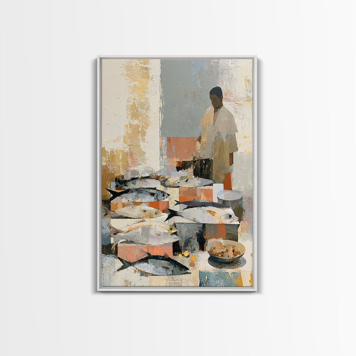 Fish Market Scene Framed Canvas Print, Expressionist Art, Minimalist Decor, Living Room Decor, Fine Art, Expression, EXP-2x3-6