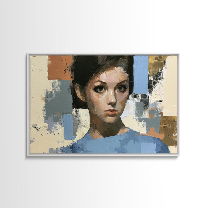Woman in Blue with Dramatic Expressive Eyes Canvas Print, Expressionist Art, Colorful Wall Art, Living Room Decor, Expression, EXP-3x2-44