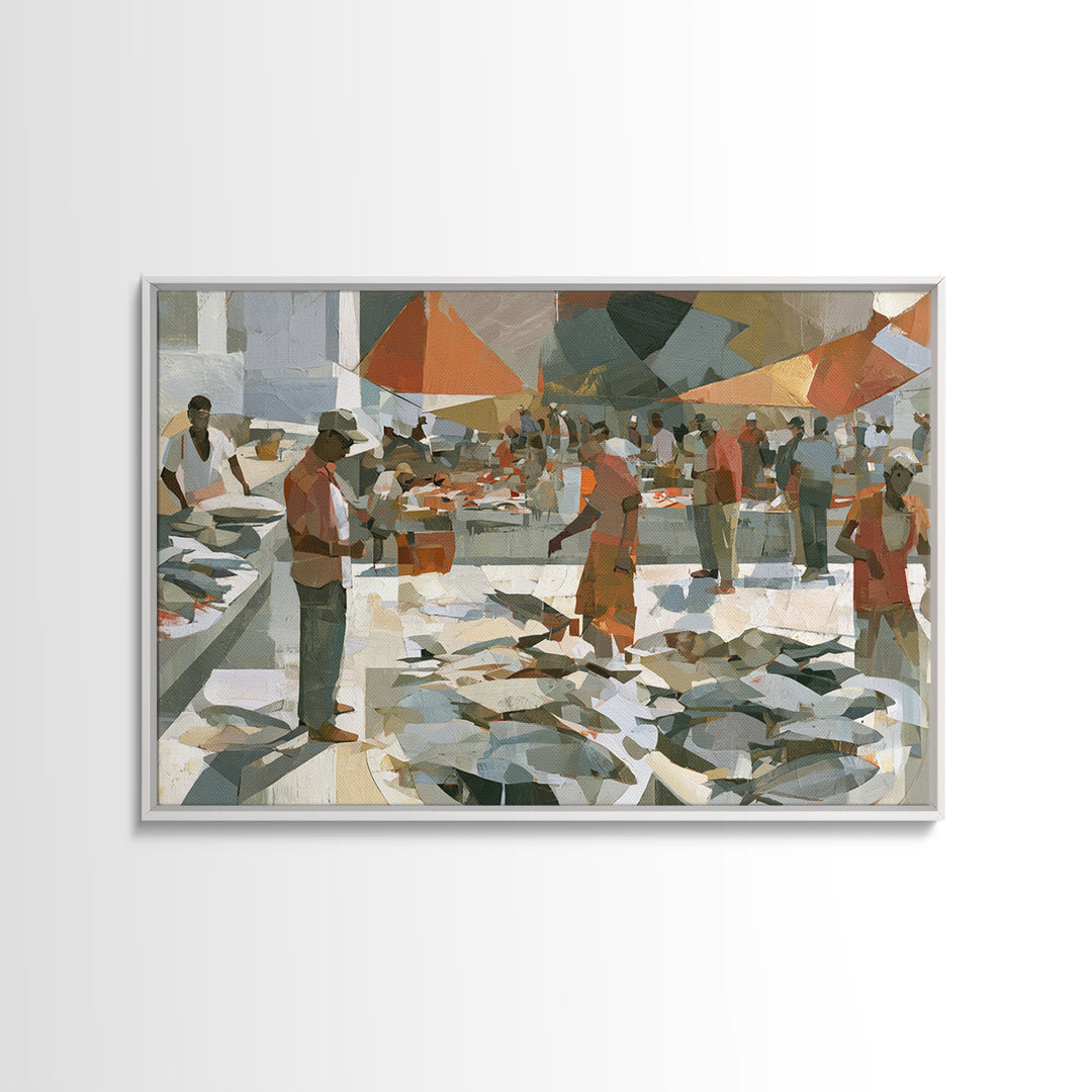 Fish Market Scene Framed Canvas Print, Expressionist Art, Modern Wall Art, Living Room Decor, Expression, Fine Art Print, EXP-3x2-50