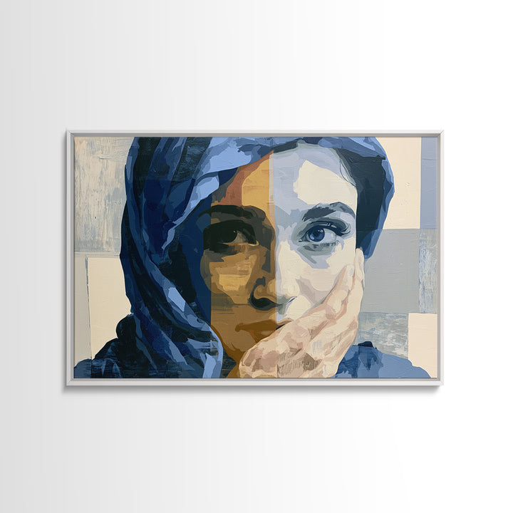 Woman in Blue with Dramatic Expressive Eyes Framed Canvas Print, Expressionist Art, Painting, Living Room Decor, Expression, EXP-3x2-92