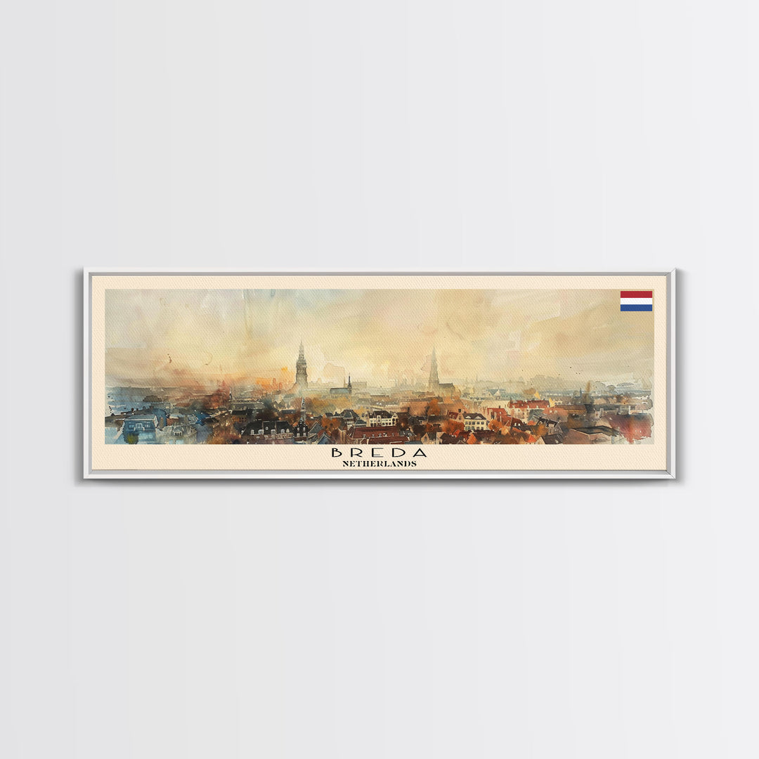 Breda Netherlands Panoramic Travel Poster, Framed Canvas Print or Metal Wall Art, Travel Art, Home Decor, Panoramic Painting, Midcentury Art