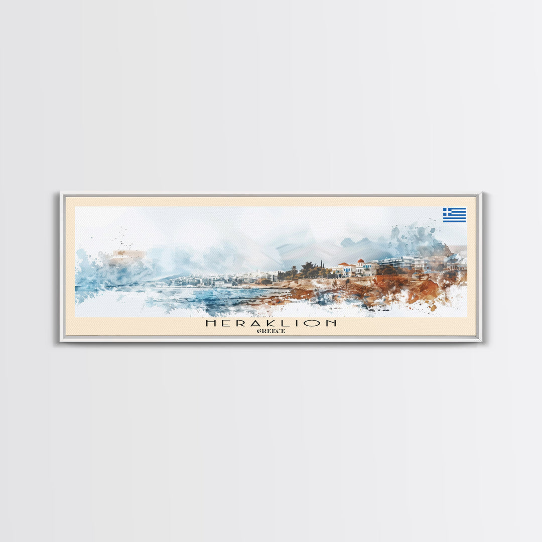Heraklion Greece Panoramic Travel Poster, Framed Canvas Print or Metal Wall Art, Travel Art, Home Decor, Panoramic Painting, Midcentury Art