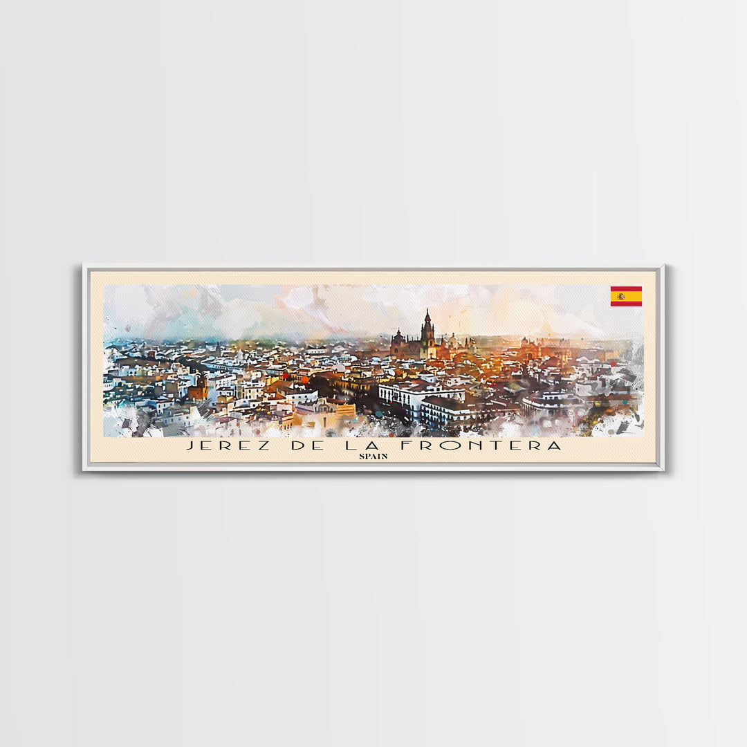 Jerez D eLa Frontera Spain Panoramic Travel Poster, Framed Canvas Print or Metal Wall Art, Travel Art, Home Decor, Panoramic Painting, Midcentury Art