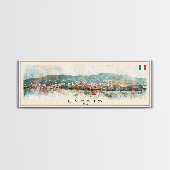 Livorno Italy Panoramic Travel Poster, Framed Canvas Print or Metal Wall Art, Travel Art, Home Decor, Panoramic Painting, Midcentury Art