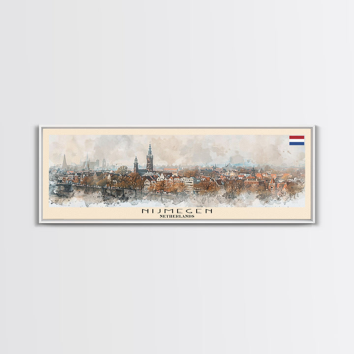 Nijmegen Netherlands Panoramic Travel Poster, Framed Canvas Print or Metal Wall Art, Travel Art, Home Decor, Panoramic Painting, Midcentury Art