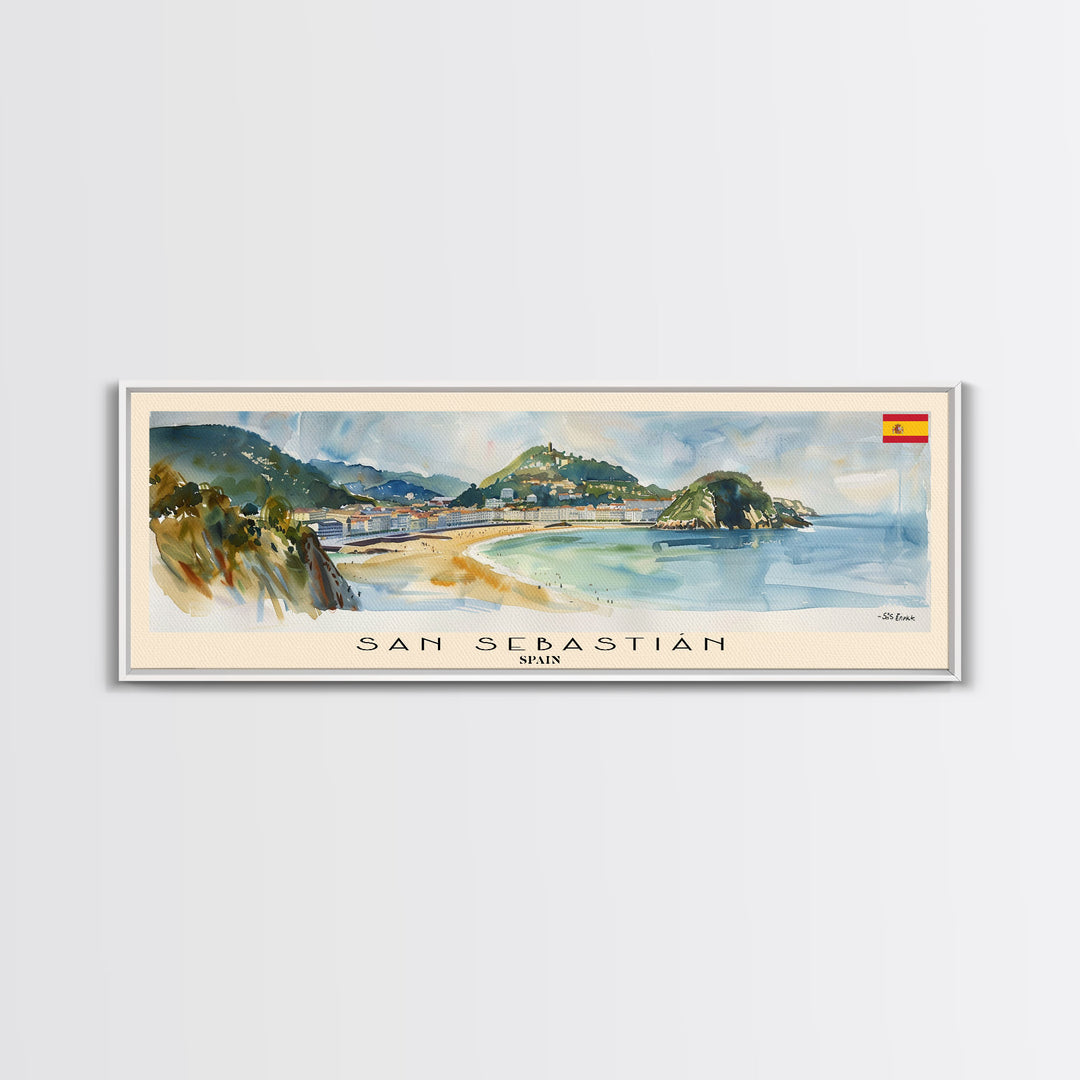 San Sebastian Spain Panoramic Travel Poster, Framed Canvas Print or Metal Wall Art, Travel Art, Home Decor, Panoramic Painting, Midcentury Art