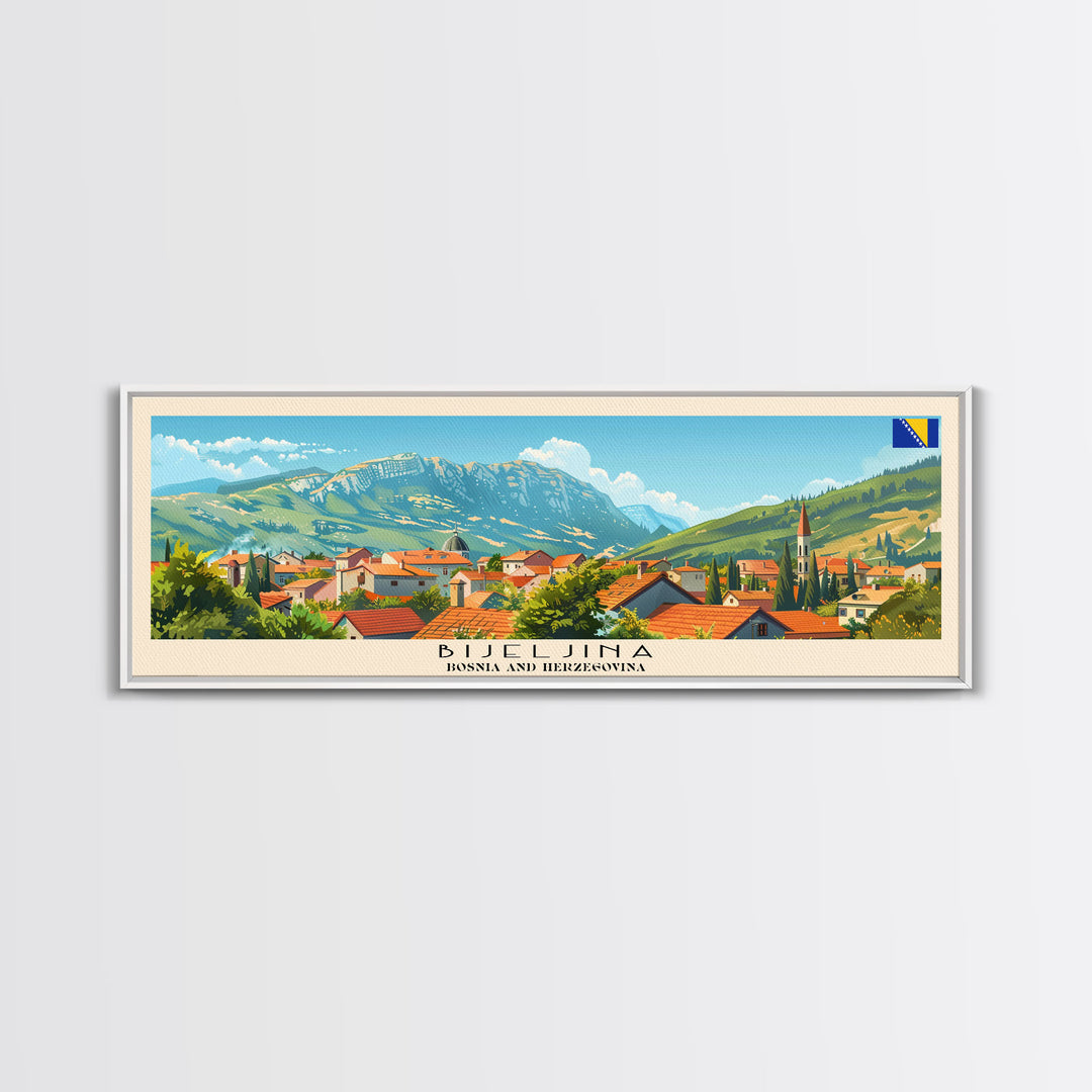 Bijeljina Bosnia Panoramic Travel Poster, Framed Canvas Print or Metal Wall Art, Travel Art, Home Decor, Panoramic Painting, Midcentury Art