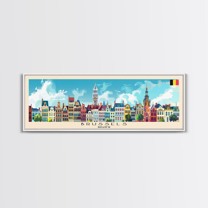 Brussels Belgium Panoramic Travel Poster, Framed Canvas Print or Metal Wall Art, Travel Art, Home Decor, Panoramic Painting, Midcentury Art