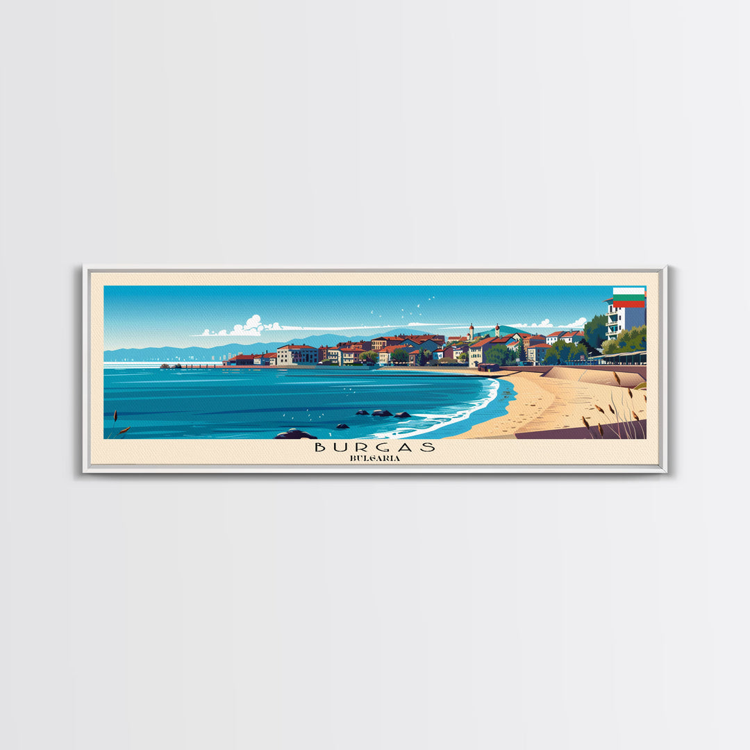 Burgas Bulgaria Panoramic Travel Poster, Framed Canvas Print or Metal Wall Art, Travel Art, Home Decor, Panoramic Painting, Midcentury Art
