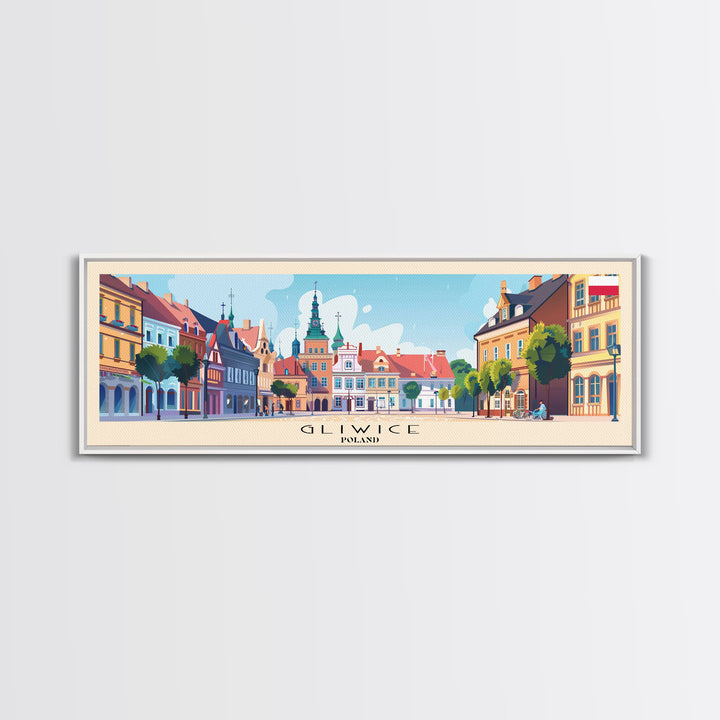 Gliwice Poland Panoramic Travel Poster, Framed Canvas Print or Metal Wall Art, Travel Art, Home Decor, Panoramic Painting, Midcentury Art
