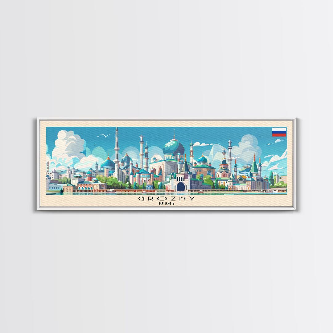 Grozny Russia Panoramic Travel Poster, Framed Canvas Print or Metal Wall Art, Travel Art, Home Decor, Panoramic Painting, Midcentury Art