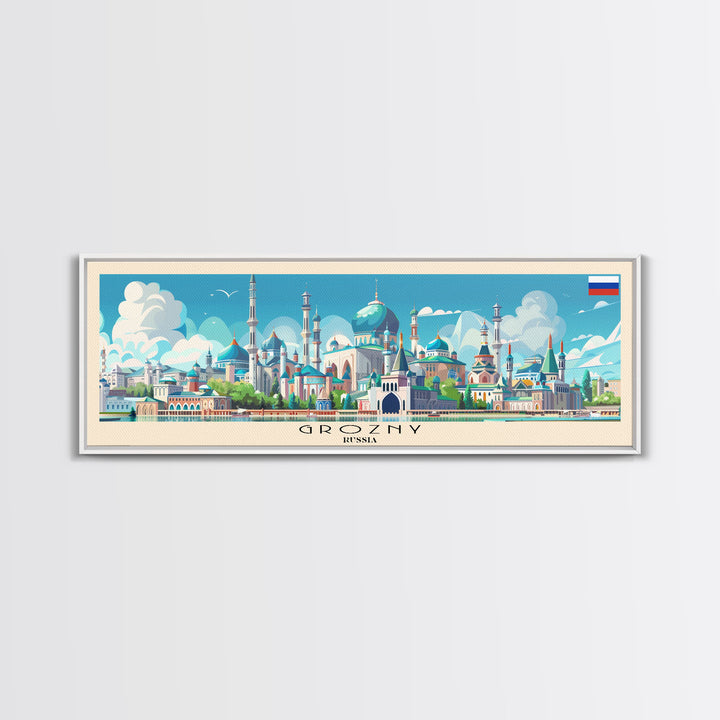 Grozny Russia Panoramic Travel Poster, Framed Canvas Print or Metal Wall Art, Travel Art, Home Decor, Panoramic Painting, Midcentury Art