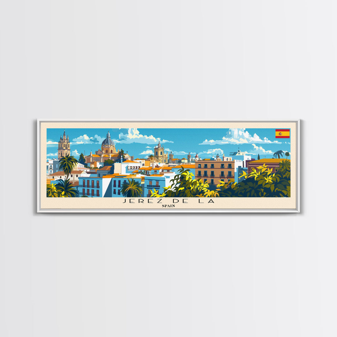 Jerez D eLa Frontera Spain Panoramic Travel Poster, Framed Canvas Print or Metal Wall Art, Travel Art, Home Decor, Panoramic Painting, Midcentury Art