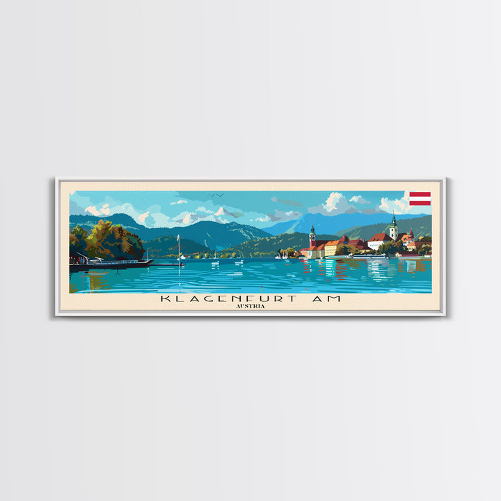 Klagenfurt Austria Panoramic Travel Poster, Framed Canvas Print or Metal Wall Art, Travel Art, Home Decor, Panoramic Painting, Midcentury Art