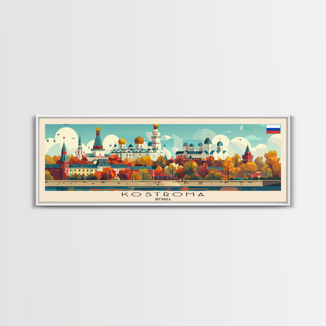 Kostroma Russia Panoramic Travel Poster, Framed Canvas Print or Metal Wall Art, Travel Art, Home Decor, Panoramic Painting, Midcentury Art