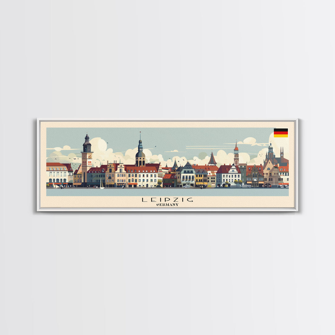 Leipzig Germany Panoramic Travel Poster, Framed Canvas Print or Metal Wall Art, Travel Art, Home Decor, Panoramic Painting, Midcentury Art