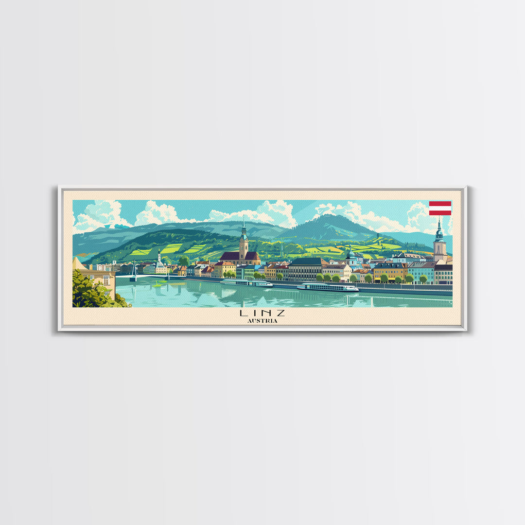 Linz Austria Panoramic Travel Poster, Framed Canvas Print or Metal Wall Art, Travel Art, Home Decor, Panoramic Painting, Midcentury Art