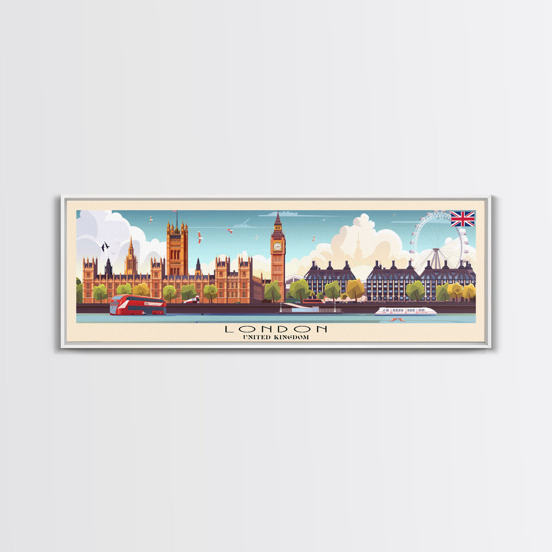 London United Kingdom Panoramic Travel Poster, Framed Canvas Print or Metal Wall Art, Travel Art, Home Decor, Panoramic Painting, Midcentury Art