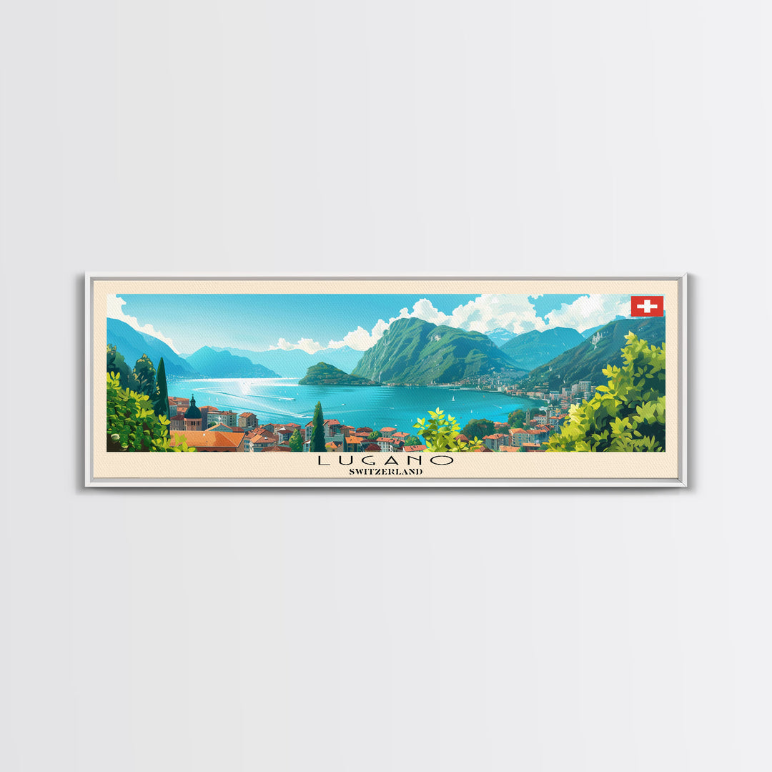 Lugano Switzerland Panoramic Travel Poster, Framed Canvas Print or Metal Wall Art, Travel Art, Home Decor, Panoramic Painting, Midcentury Art