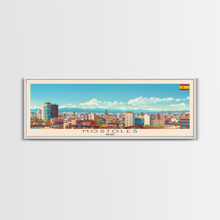 Mostoles Spain Panoramic Travel Poster, Framed Canvas Print or Metal Wall Art, Travel Art, Home Decor, Panoramic Painting, Midcentury Art