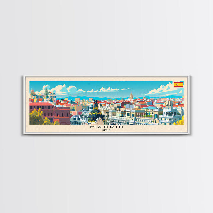 Madrid Spain Panoramic Travel Poster, Framed Canvas Print or Metal Wall Art, Travel Art, Home Decor, Panoramic Painting, Midcentury Art