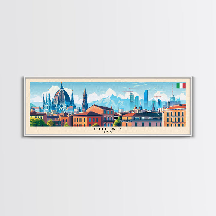 Milan Italy Panoramic Travel Poster, Framed Canvas Print or Metal Wall Art, Travel Art, Home Decor, Panoramic Painting, Midcentury Art