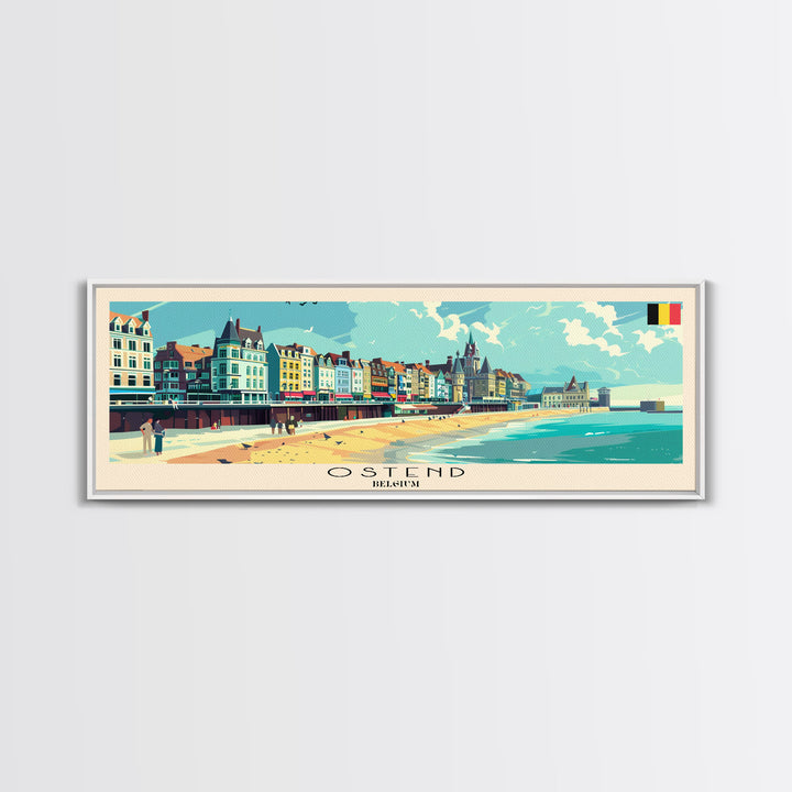 Ostend Belgium Panoramic Travel Poster, Framed Canvas Print or Metal Wall Art, Travel Art, Home Decor, Panoramic Painting, Midcentury Art