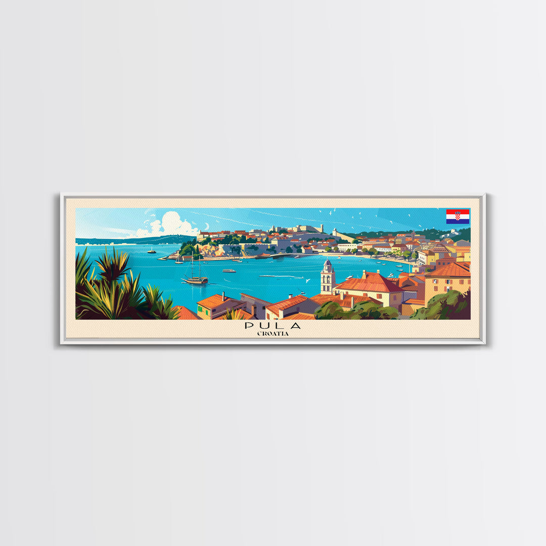 Pula Croatia Panoramic Travel Poster, Framed Canvas Print or Metal Wall Art, Travel Art, Home Decor, Panoramic Painting, Midcentury Art