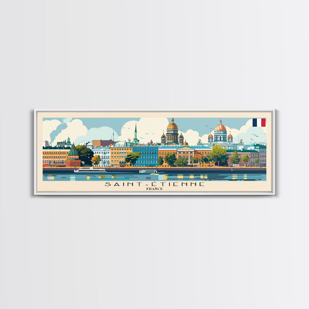 Saint Etienne France Panoramic Travel Poster, Framed Canvas Print or Metal Wall Art, Travel Art, Home Decor, Panoramic Painting, Midcentury Art