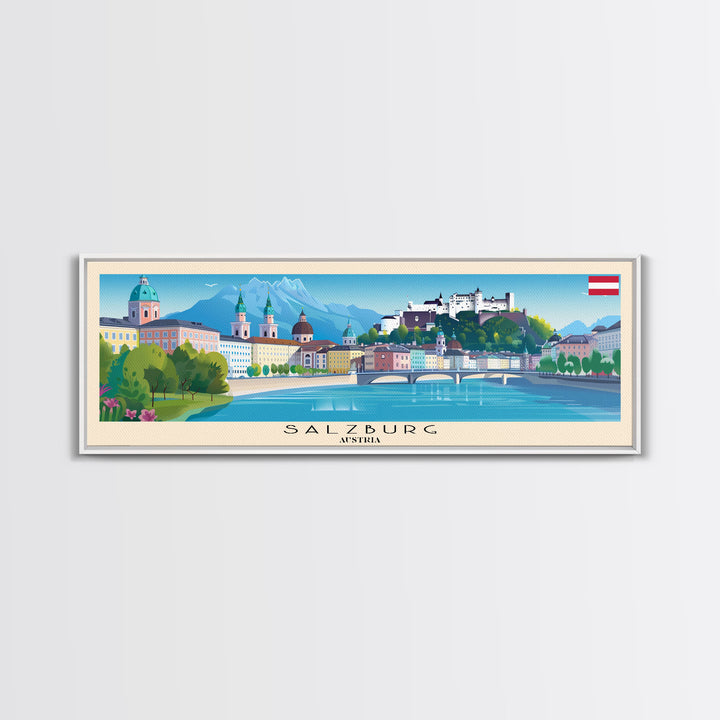 Salzburg Austria Panoramic Travel Poster, Framed Canvas Print or Metal Wall Art, Travel Art, Home Decor, Panoramic Painting, Midcentury Art