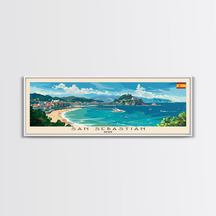 San Sebastian Spain Panoramic Travel Poster, Framed Canvas Print or Metal Wall Art, Travel Art, Home Decor, Panoramic Painting, Midcentury Art