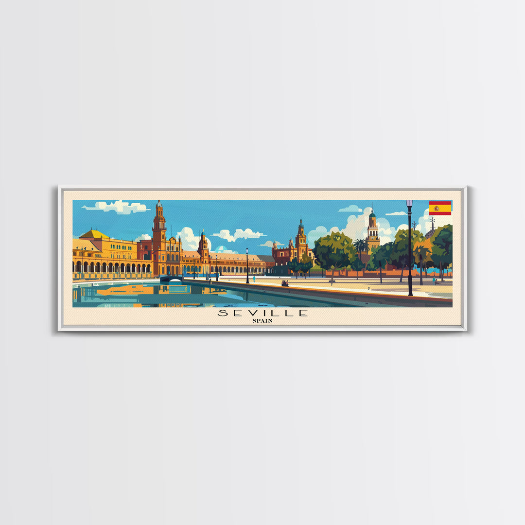 Seville Spain Panoramic Travel Poster, Framed Canvas Print or Metal Wall Art, Travel Art, Home Decor, Panoramic Painting, Midcentury Art