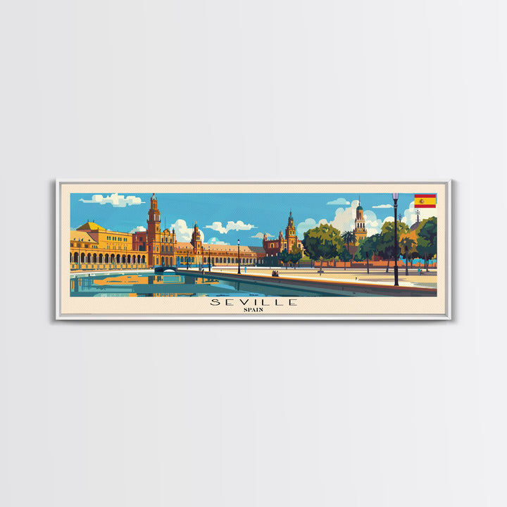 Seville Spain Panoramic Travel Poster, Framed Canvas Print or Metal Wall Art, Travel Art, Home Decor, Panoramic Painting, Midcentury Art