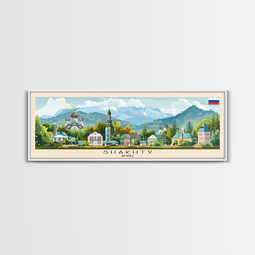 Shakhty Russia Panoramic Travel Poster, Framed Canvas Print or Metal Wall Art, Travel Art, Home Decor, Panoramic Painting, Midcentury Art