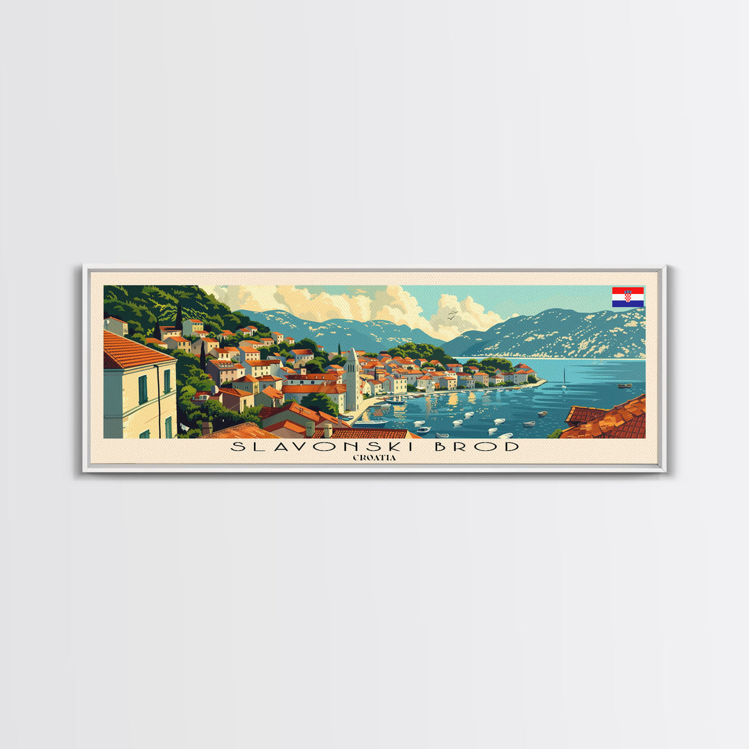 Slavonski Brod Croatia Panoramic Travel Poster, Framed Canvas Print or Metal Wall Art, Travel Art, Home Decor, Panoramic Painting, Midcentury Art