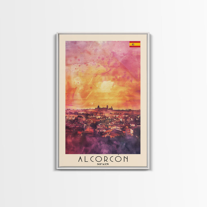 Alcorcón Spain Sunset Skyline Travel Poster Art, Framed Canvas Print, Beautiful Wall Art for Living Room or Bedroom, Home Decoration