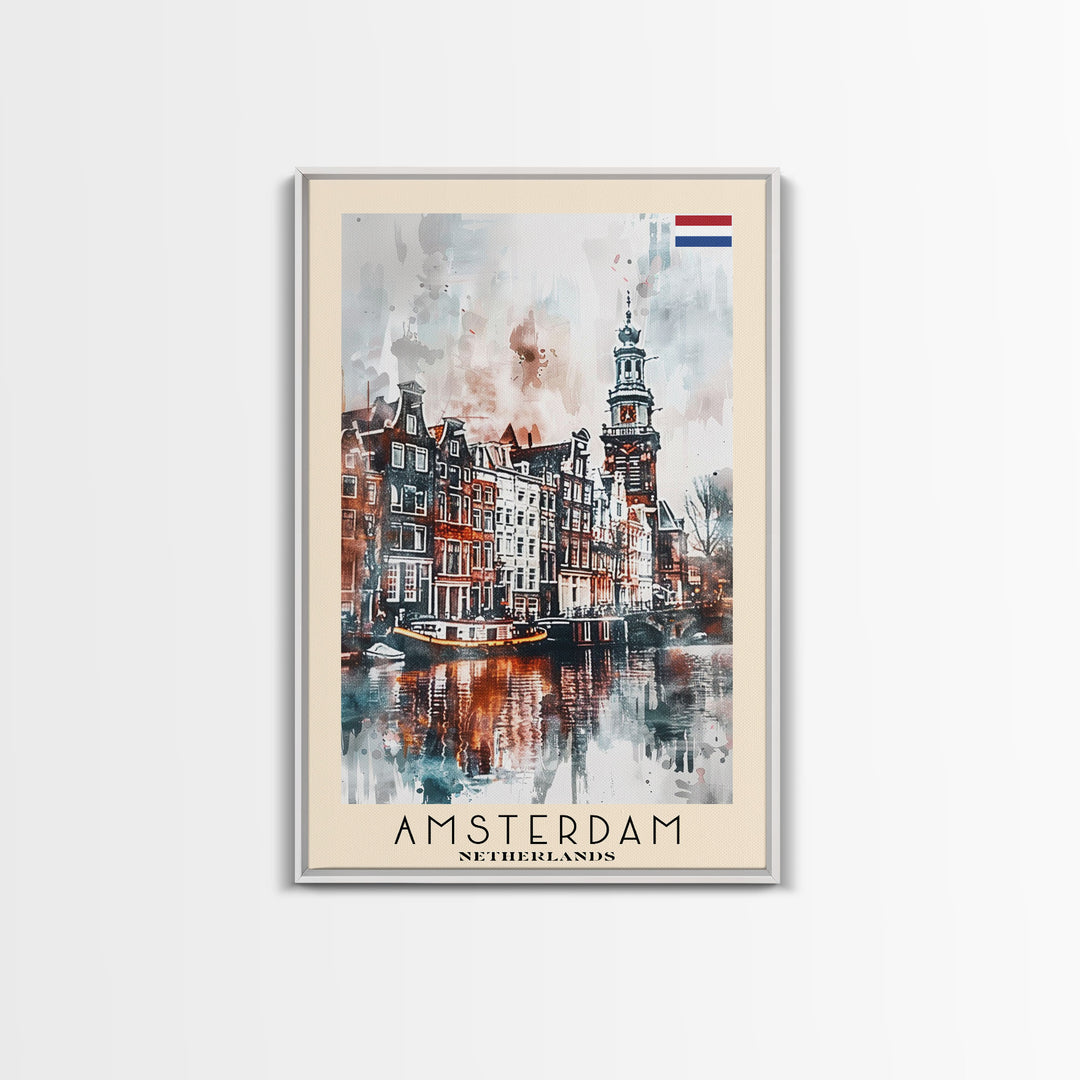 Stunning Amsterdam Cityscape, Framed Canvas Print, Perfect for Living Room Art, Travel Poster, Boho Home Decor, Watercolor Art