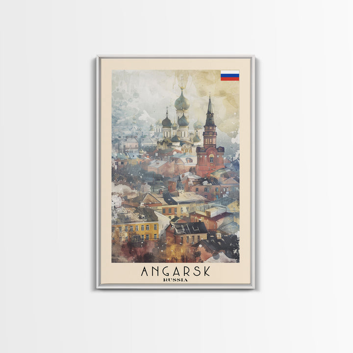 Beautiful Angarsk Skyline, Framed Canvas Print, Unique Travel Poster Art, Living Room Wall Decor, Minimalist Style, Watercolor Painting