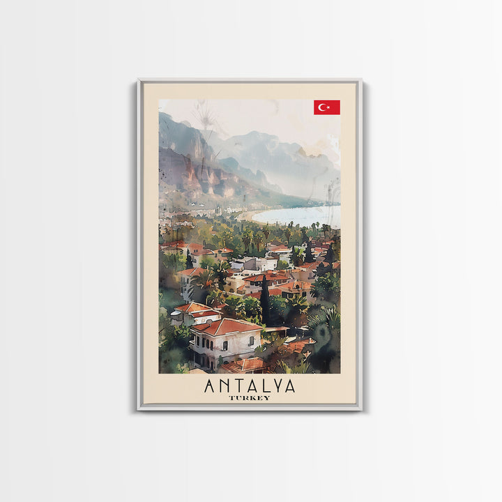 Picturesque Antalya Coastline, Framed Canvas Print, Ideal for Living Room Art, Travel Poster, Boho Wall Decor, Watercolor Art