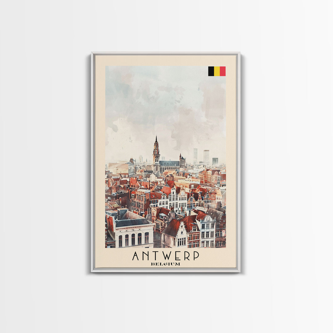 Charming Antwerp Cityscape, Framed Canvas Print, Perfect for Living Room Art, Travel Poster, Minimalist Home Decor, Watercolor Art