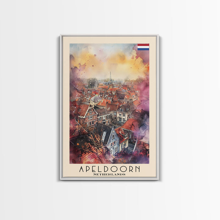 Scenic Apeldoorn Rooftops, Framed Canvas Print, Perfect for Living Room Art, Travel Poster, Boho Wall Decor, Watercolor Painting